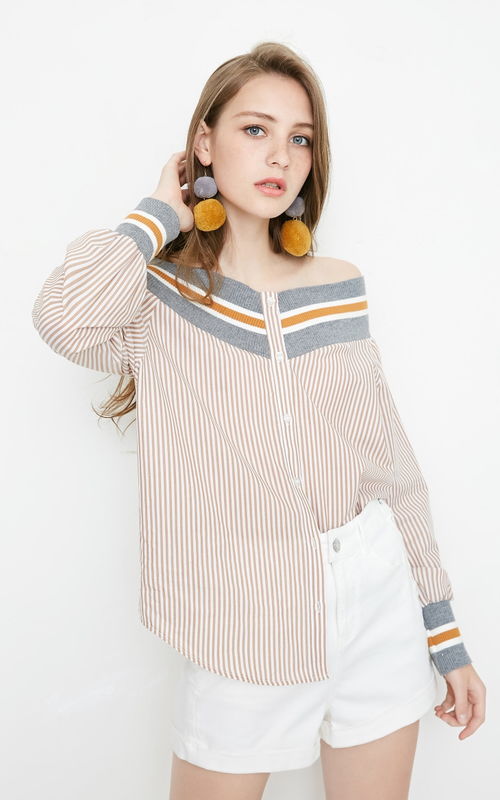 绫致 vero moda春夏新款螺纹一字领条纹灯笼袖衬衫女 318305510 rs服装 福卡商城